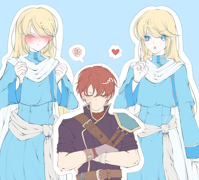 2boys androgynous armor belt black_tunic blonde_hair blue_background blue_robe blush brown_belt brown_bracelet brown_hair chest_harness clenched_hands closed_eyes colored_eyelashes crossed_arms fire_emblem fire_emblem:_the_blazing_blade gloves green_armor hair_between_eyes harness heart highres long_sleeves lucius_(fire_emblem) male_focus multiple_boys multiple_views nintendo nose_blush open_mouth outline parted_bangs pointing pointing_up raven_(fire_emblem) robe scarf_belt short_hair short_sleeves shoulder_armor single_glove speech_bubble squiggle thought_bubble tunic white_outline yaoi yurari_forever