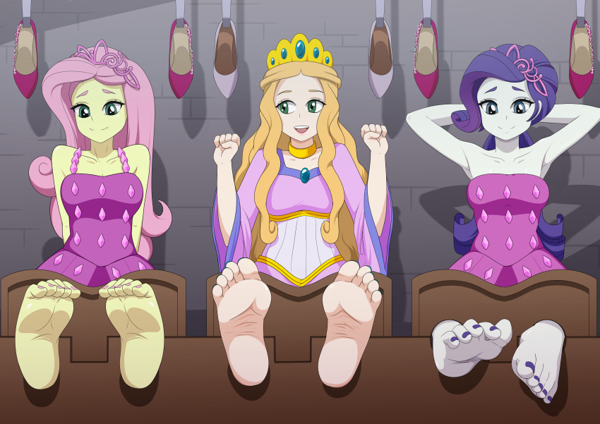 3girls absurdres barefoot breasts cleavage confettish crossover dress feet fluttershy foot_focus highres ilene_(pokemon) long_hair looking_at_viewer medium_breasts multiple_girls my_little_pony my_little_pony:_equestria_girls my_little_pony:_friendship_is_magic nail_polish nintendo non-web_source open_mouth pokemon pokemon:_lucario_and_the_mystery_of_mew pokemon_(anime) pokemon_rse_(anime) princess purple_dress queen rarity_(my_little_pony) shoes source_request tiara toenail_polish toenails unworn_shoes