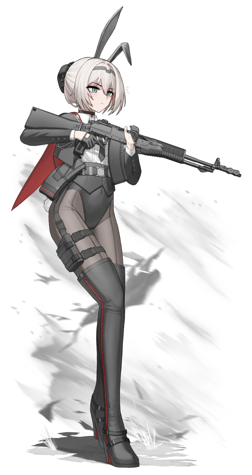 1girl absurdres alternate_costume an-94 an-94_(girls&#039;_frontline) animal_ears assault_rifle black_boots black_leotard black_necktie blonde_hair blue_eyes boots capelet cheogtanbyeong closed_mouth covered_navel fake_animal_ears full_body girls&#039;_frontline gloves gun hair_between_eyes hair_bun hairband half_gloves highres holding holding_weapon holster jacket leotard long_sleeves magazine_(weapon) medium_hair necktie nontraditional_playboy_bunny open_clothes open_jacket pantyhose rabbit_ears red_capelet rifle shirt shirt_tucked_in smoke solo tail thigh_boots thigh_holster trigger_discipline weapon white_background white_shirt