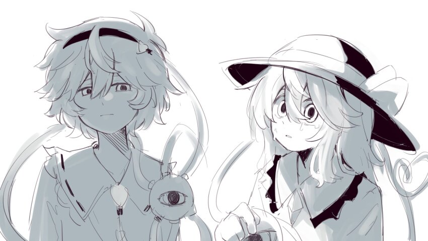 2girls black_hairband black_hat buttons crying diamond_button eyeball frilled_shirt_collar frills hair_ornament hairband hat hat_ribbon heart heart_button heart_hair_ornament heart_of_string highres komeiji_koishi komeiji_satori monochrome multiple_girls ribbon siblings sisters tears third_eye touhou white_background yimudesu