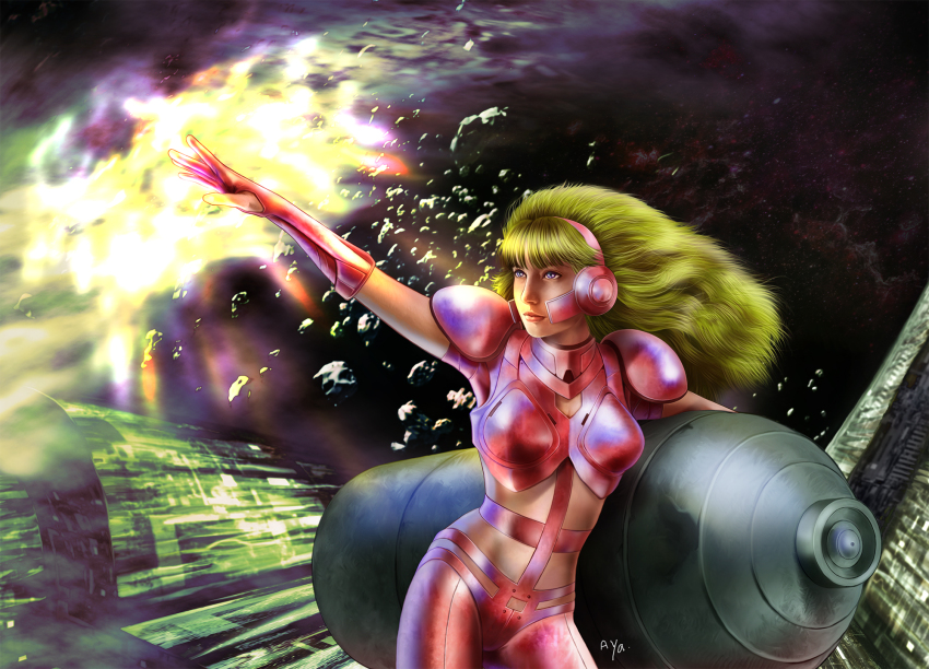 1girl android armor asteroid ayatonas battle bird blonde_hair blue_eyes energy epic female_focus headgear hi_no_tori hi_no_tori_2772 highres long_hair olga_(phoenix_2772) phoenix realistic science_fiction signature solo space spacecraft spoilers
