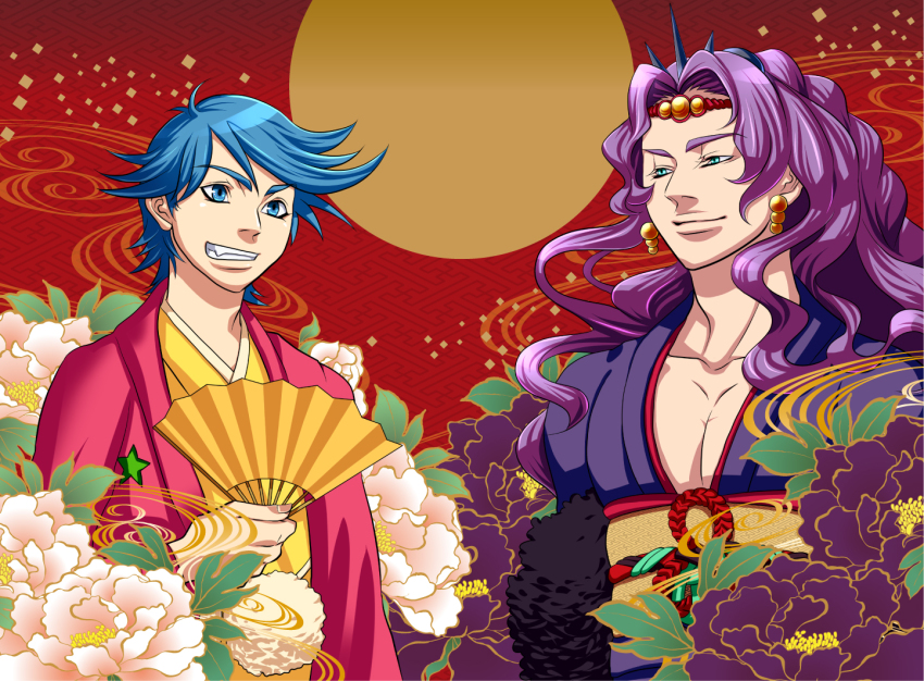 2boys blue_eyes blue_hair earrings hand_fan fang folding_fan foo-ri-gan full_moon george_joestar_ii grin horns japanese_clothes jewelry jojo_no_kimyou_na_bouken kars_(jojo) kimono long_hair male_focus moon multiple_boys purple_hair smile tiara