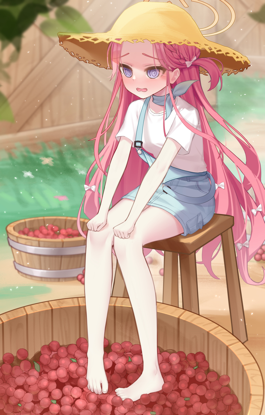 1girl @_@ absurdres alternate_costume bare_legs barefoot barrel berry blue_archive blue_choker blue_overalls braid choker commentary furrowed_brow hair_ribbon halo hand_on_own_leg hat highres leaf long_hair open_mouth orange_halo overall_skirt overalls purple_eyes red_hair ribbon ribbon_choker shirt sitting solo straw_hat very_long_hair white_shirt wine_rack wlswlp wooden_chair yuzu_(blue_archive)