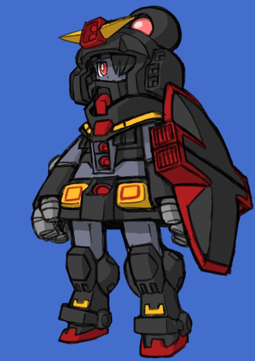 1girl arm_shield armor armored_boots arms_at_sides black_hair blue_background boots bright_pupils closed_mouth full_body gundam hair_over_one_eye helmet highres humanization izuna_yoshitsune mecha_musume one_eye_covered open_hands psycho_gundam red_eyes simple_background solo standing v-fin white_pupils zeta_gundam