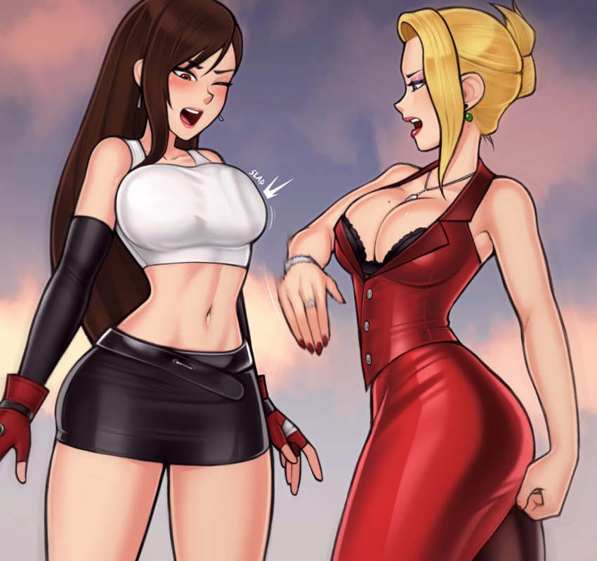 2girls black_skirt blonde_hair blue_eyes breast_slap breasts brown_hair catfight clenched_hand commentary cowboy_shot crop_top dress earrings emphasis_lines english_commentary eyeshadow final_fantasy final_fantasy_vii final_fantasy_vii_remake fingerless_gloves fingernails floating_earrings gloves hair_up highres jewelry large_breasts long_hair loodncrood looking_down makeup midriff miniskirt motion_lines multiple_girls nail_polish navel necklace one_eye_closed open_mouth pink_eyeshadow red_dress red_gloves red_lips red_nails scarlet_(ff7) skirt slapping speed_lines stomach tank_top teeth tifa_lockhart tight_clothes tight_dress upper_teeth_only white_tank_top wince