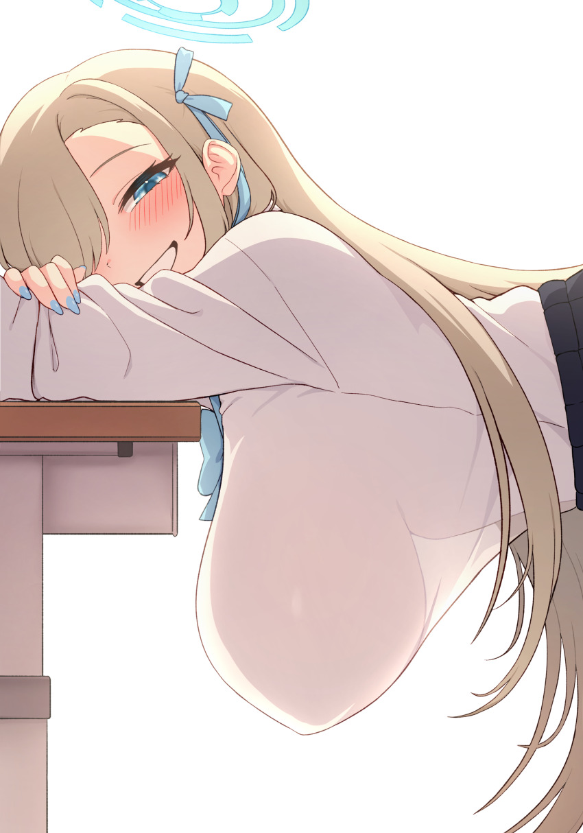 1girl absurdres aqua_bow aqua_bowtie aqua_ribbon asuna_(blue_archive) asuna_(school_uniform)_(blue_archive) blonde_hair blue_archive blush bow bowtie breasts commentary_request covered_erect_nipples desk fingernails greenteamousou hair_over_one_eye hair_ribbon halo hanging_breasts highres huge_breasts korean_commentary large_breasts leaning_forward leaning_on_object long_hair looking_at_viewer looking_to_the_side nail_polish no_bra one_eye_covered ribbon sagging_breasts school_desk see-through_silhouette shirt smile solo upper_body very_long_hair white_shirt