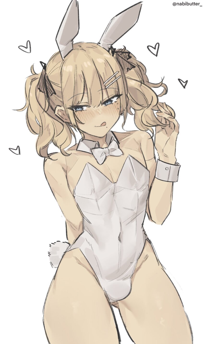 1boy :q animal_ears arm_behind_back artist_name bare_arms bare_shoulders black_ribbon blonde_hair blue_eyes blush bow bowtie bulge collarbone commentary covered_navel cowboy_shot detached_collar double-parted_bangs english_commentary groin hair_between_eyes hair_ornament hair_ribbon hairclip hand_up heart highleg highleg_leotard highres leotard long_hair male_focus male_playboy_bunny mole mole_under_eye mole_under_mouth nabi_(xcider) nabibutter original rabbit_ears rabbit_tail ribbon simple_background smile solo strapless strapless_leotard tail tongue tongue_out trap twintails twitter_username white_background white_bow white_bowtie white_leotard wrist_cuffs xcider
