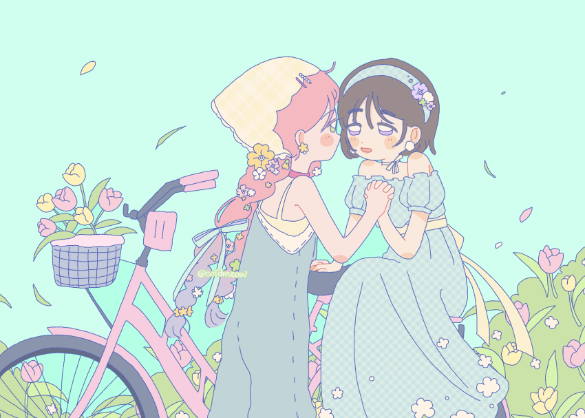 2girls alien_stage bandana bicycle bicycle_basket black_hair blue_dress blue_hairband blue_overalls braid chinese_commentary choker coldmeow commentary_request dress flower gingham_dress gingham_hairband green_eyes hair_flower hair_ornament hair_ribbon hairband highres holding_hands long_dress long_hair mizi_(alien_stage) multiple_girls off-shoulder_dress off_shoulder overalls pink_choker pink_flower pink_hair pink_tulip purple_eyes ribbon short_hair sitting smile sua_(alien_stage) tulip twin_braids white_choker yellow_bandana yellow_flower yellow_tulip