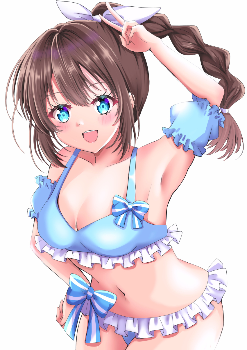 1girl absurdres arm_up bikini blue_bikini blue_bow blue_eyes bow bow_bikini braid braided_ponytail breasts brown_hair cleavage cowboy_shot detached_sleeves double-parted_bangs frilled_bikini frilled_sleeves frills hand_on_own_hip highres leaning_forward long_hair love_live! love_live!_nijigasaki_high_school_idol_club love_live!_nijigasaki_high_school_idol_club_the_movie_-_finale maymaru medium_breasts navel official_alternate_costume osaka_shizuku puffy_short_sleeves puffy_sleeves short_sleeves simple_background solo stomach swimsuit v v_over_head white_background