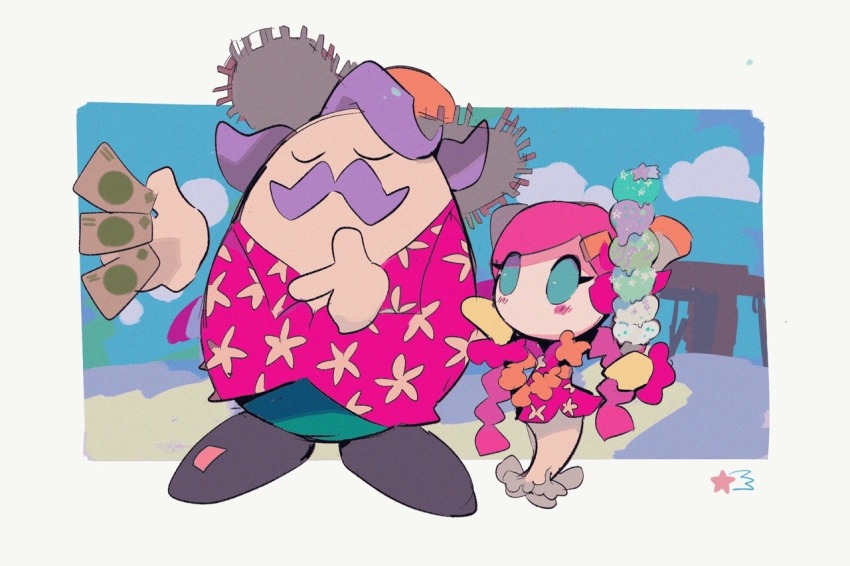 1boy 1girl alternate_costume beach closed_eyes facial_hair father_and_daughter flower_necklace hat ice_cream_cone kirby:_planet_robobot kirby_(series) lei max_profitt_haltmann mustache nintendo outdoors soumenhiyamugi sun_hat susie_(kirby)