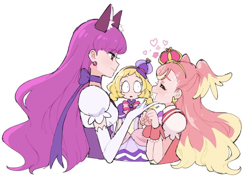 3girls animal_ears blonde_hair bow bow_choker brooch cat_ears choker crown cure_friendy cure_macaron cure_wonderful dress dress_bow earrings elbow_gloves extra_ears food-themed_hair_ornament gloves hair_ornament hairband hat_ornament heart heart_brooch heart_hat_ornament in-franchise_crossover inukai_iroha inukai_komugi jewelry kirakira_precure_a_la_mode kotozume_yukari long_hair macaron_hair_ornament magical_girl mini_crown multicolored_bow multicolored_hair multiple_girls open_mouth petting pink_crown pink_hair pink_wrist_cuffs pom_pom_(clothes) pom_pom_earrings precure purple_bow purple_choker purple_eyes purple_hair purple_wrist_cuffs ribbon_choker shirako_love smile surprised tilted_headwear two-tone_hair two_side_up white_gloves wonderful_precure! wrist_cuffs yellow_hairband