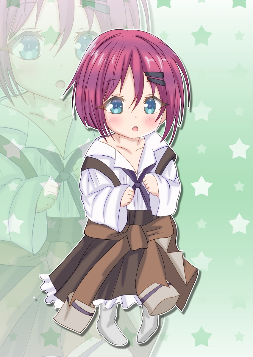 1girl :o absurdres aged_down assault_lily blue_eyes blush brown_jacket brown_skirt child clothes_around_waist collarbone collared_shirt commentary ebisu_nobu frilled_skirt frills full_body gradient_background green_background grey_socks hair_between_eyes hair_ornament hairclip hands_up highres jacket jacket_around_waist long_sleeves looking_at_viewer neck_ribbon no_shoes outline oversized_clothes parted_lips pigeon-toed purple_ribbon red_hair ribbon school_uniform shirt short_hair skirt socks solo standing star_(symbol) star_symbol_background suspender_skirt suspenders suspenders_slip tsujimoto_yuunagi white_outline white_shirt zoom_layer
