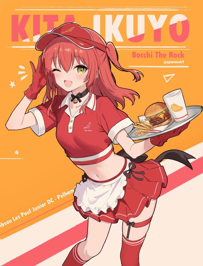 1girl apron asymmetrical_legwear black_bow black_choker blush bocchi_the_rock! bow bow_choker burger character_name choker commentary cropped_shirt cup disposable_cup food french_fries frilled_apron frills gloves hat highres holding holding_tray kita_ikuyo kneehighs looking_at_viewer midriff miniskirt minusk9 mismatched_legwear navel one_eye_closed open_mouth pleated_skirt red_gloves red_hair red_hat red_shirt red_skirt red_socks red_thighhighs shirt short_sleeves single_kneehigh single_sock single_thighhigh skirt smile socks solo thighhighs tray visor_cap waist_apron white_apron yellow_background