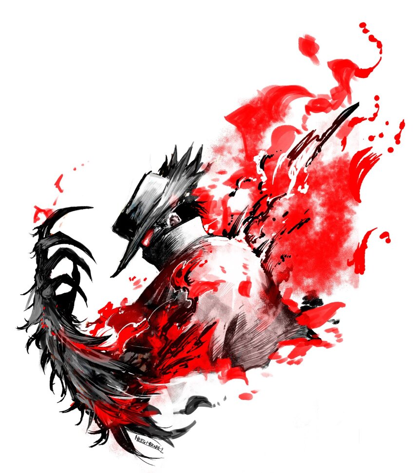 1boy cape check_copyright copyright_request cropped_torso from_side glowing glowing_eyes hat highres monster_arm original profile red_eyes red_theme solo upper_body white_background yourfreakyneighbourh