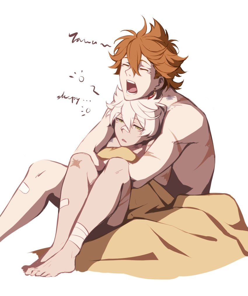 ... 2boys arms_around_waist bags_under_eyes bandaged_leg bandages bare_arms bare_legs bare_shoulders barefoot bennett_(genshin_impact) blanket bruise closed_eyes couple english_text eyebrows feet genshin_impact green_eyes hair_between_eyes half-closed_eyes highres hug hug_from_behind injury leaning_on_person male_focus messy_hair multiple_boys open_mouth orange_hair pale_skin parted_lips reclining scar scar_on_arm scar_on_back scar_on_leg short_hair sitting tartaglia_(genshin_impact) tearing_up teeth tired toes tongue topless_male white_background white_hair yaoi yawning yellow_blanket z3phr0t