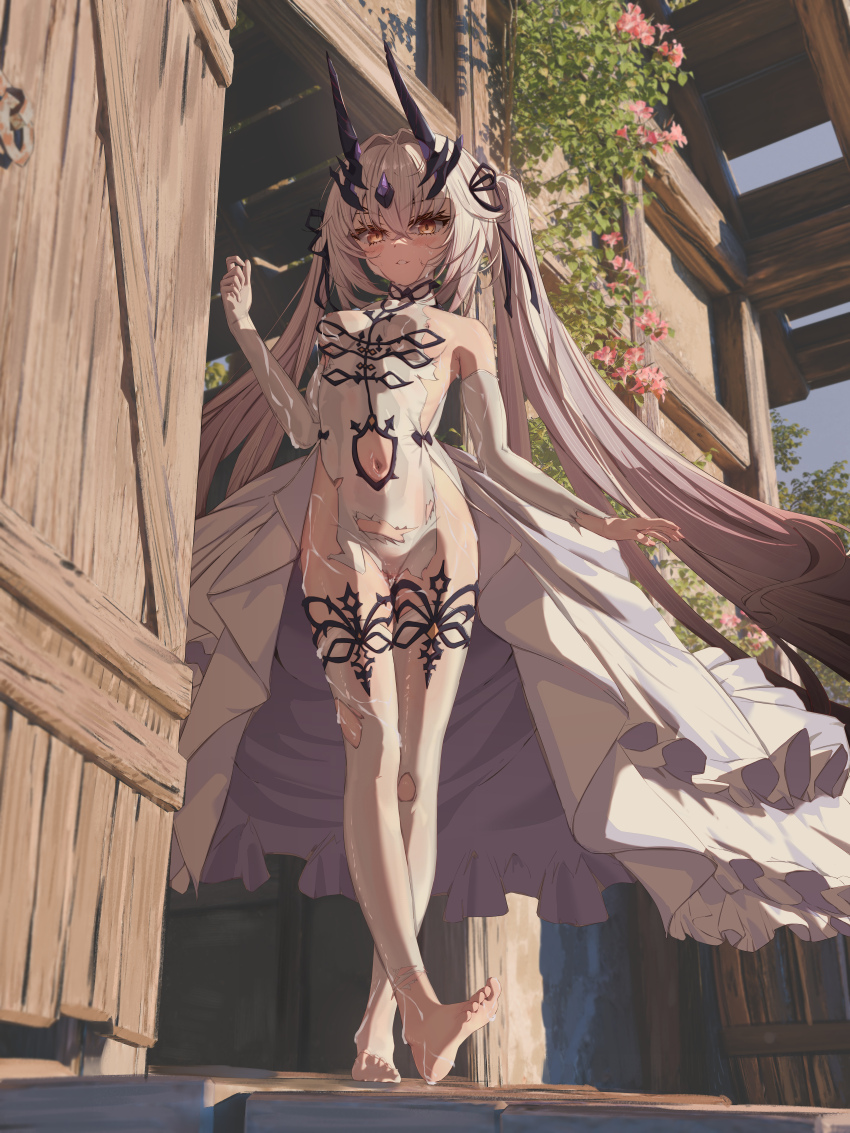 1girl absurdres bare_shoulders barefoot blush breasts clothing_cutout cum cum_on_body dress elbow_gloves fate/grand_order fate_(series) feet forked_eyebrows full_body gloves hair_ribbon highres horns legs long_hair looking_at_viewer melusine_(fate) melusine_(fgo_fes._2025)_(fate) nan_ji_yun navel navel_cutout parted_lips pelvic_curtain ribbon showgirl_skirt sidelocks small_breasts soles solo thighhighs thighs toes torn_clothes twintails white_dress white_gloves white_hair white_thighhighs yellow_eyes