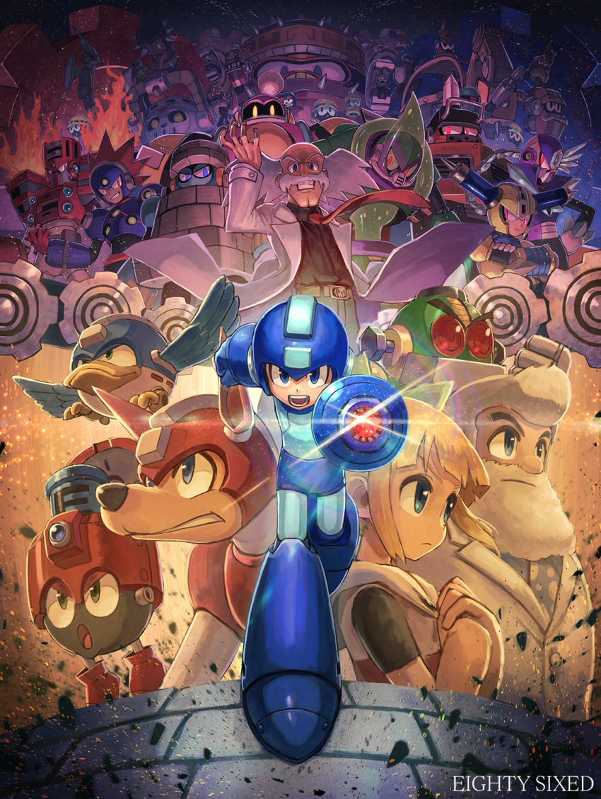 1girl 6+boys acid_man android arm_cannon arm_up auto_(mega_man) bat_(animal) beard beat_(mega_man) belt bird blast_man block_man blonde_hair blue_eyes bounce_man capcom character_request closed_mouth dog dr._light_(mega_man) dr._wily_(mega_man) eddie_(mega_man) embers everyone facial_hair fire fuse_man green_eyes helmet highres impact_man kuroi_susumu lab_coat looking_at_viewer looking_to_the_side mega_man_(character) mega_man_(classic) mega_man_(series) mega_man_11 met_(mega_man) multiple_boys mustache necktie non-humanoid_robot official_art open_mouth robot robot_animal roll_(mega_man) running rush_(mega_man) serious spikes torch_man tundra_man weapon white_hair