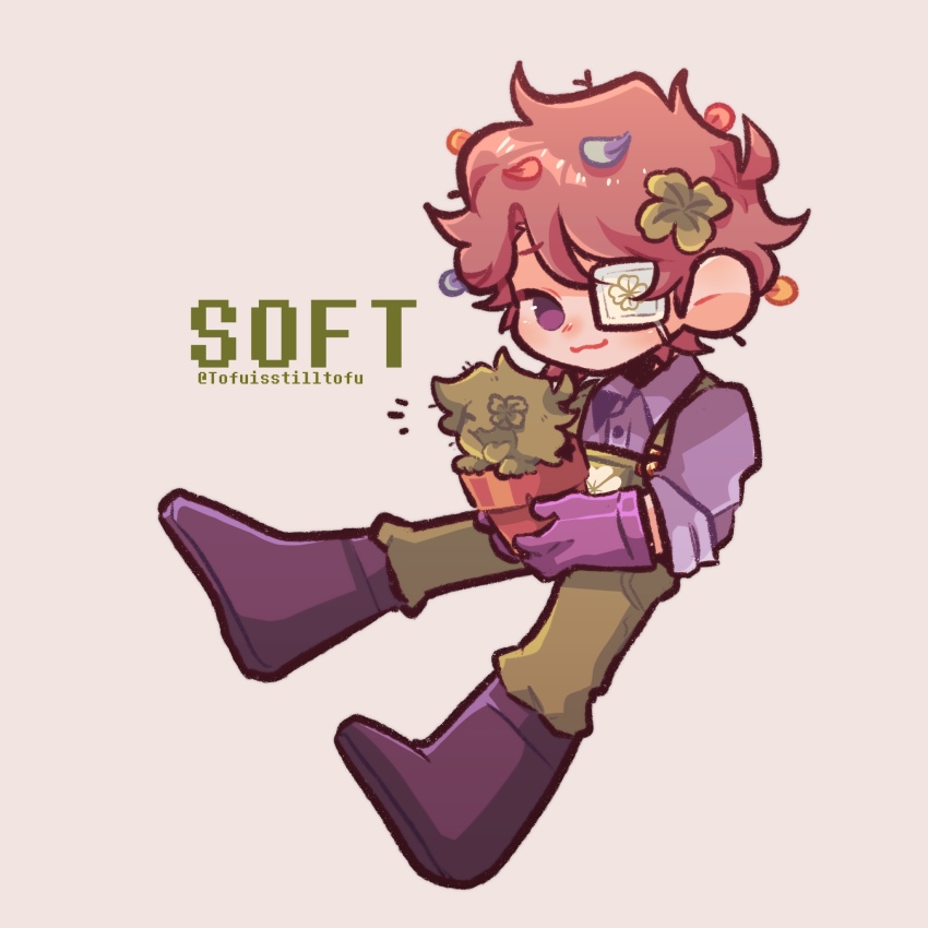 1boy ahoge boots branch brown_hair cactus cactus_boy cat_smile closed_mouth clover clover_(tofuisstilltofu) clover_hair_ornament clover_print collared_shirt eyepatch flower flower_eyepatch petals flower_pot full_body furrowed_brow gloves green_overalls hair_ornament hands_up highres holding holding_flower_pot holding_plant in_air looking_at_viewer male_focus messy_hair midair nervous nervous_smile one_eye_covered open_mouth original overalls petal_on_head petals plant purple_boots purple_eyes purple_gloves purple_shirt shirt short_hair simple_background sleeves_rolled_up smile solo stick_in_hair tofuisstilltofu tongue tongue_out twitter_username white_background white_eyepatch