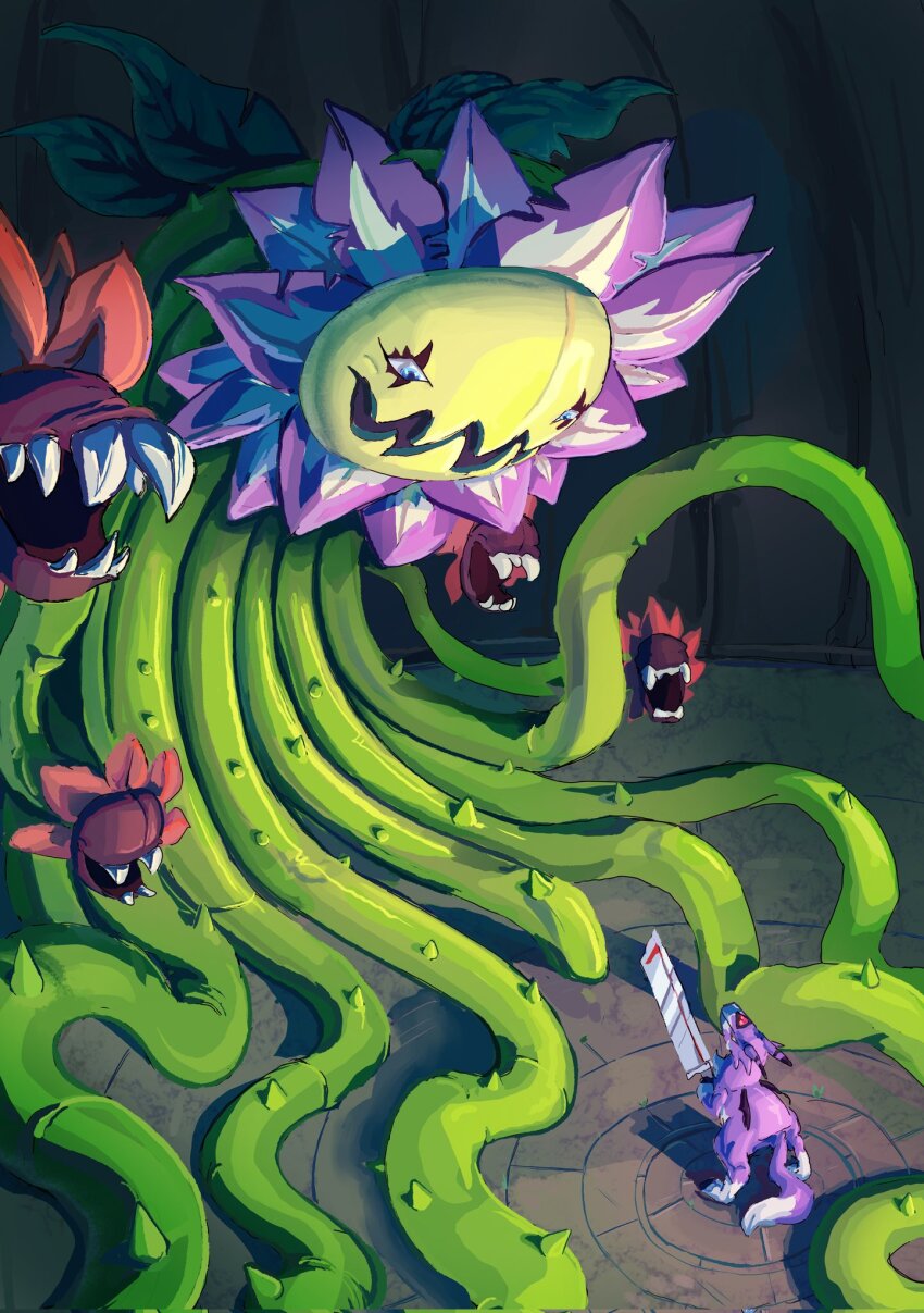 black_wings blossomon blue_eyes camilla76260411 confrontation digicore_interface digimon digimon_(creature) digimon_world_x dorumon extra_mouth eye_contact fangs flower forehead_jewel gem highres holding holding_sword holding_weapon horns looking_at_another looking_down looking_up mini_wings multiple_heads no_humans open_mouth plant purple_flower purple_fur purple_petals red_gemstone sharp_teeth skin_fangs solo_focus sword tail teeth thorns two-tone_fur vines weapon white_fur wings