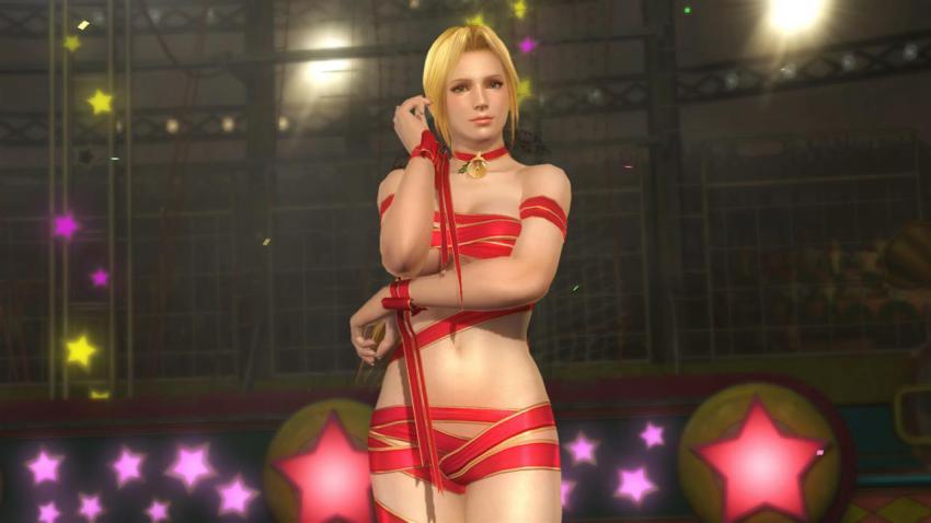 1girl 3d bell blonde_hair blue_eyes breasts christmas dead_or_alive dead_or_alive_5 helena_douglas large_breasts long_hair naked_ribbon official_art ribbon underboob