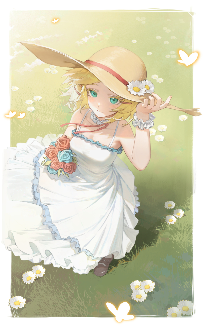 1girl 503404330 aqua_eyes blonde_hair border bug butterfly choker closed_mouth collarbone day dress flower frilled_dress frills from_above hat hat_flower highres insect kagamine_rin layered_dress looking_up original outdoors sleeveless sleeveless_dress solo standing straw_hat sun_hat sundress white_border white_choker white_dress white_flower white_wrist_cuffs wrist_cuffs yellow_hat