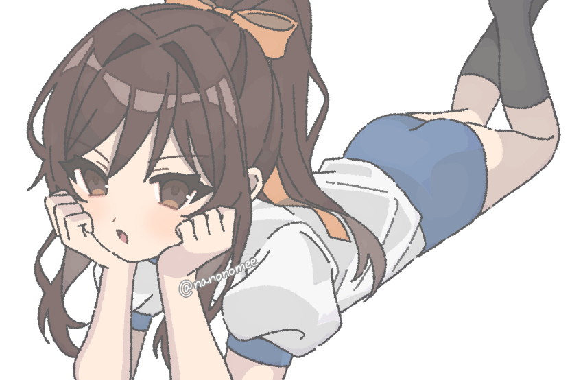 :o blue_buruma bow buruma commentary_request gym_shirt gym_uniform hair_ribbon hands_on_own_cheeks hands_on_own_face legs_up long_hair lying nanonome official_alternate_hairstyle on_stomach open_mouth orange_bow puffy_short_sleeves puffy_sleeves ribbon shirt short_sleeves simple_background suzumiya_haruhi suzumiya_haruhi_no_yuuutsu the_pose tongue white_background