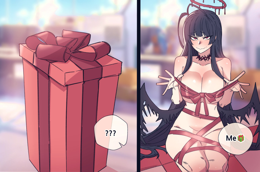 1girl absurdres anygatsby black_hair black_wings blue_archive blush box closed_mouth feathered_wings gift gift_box highres in_box in_container long_hair looking_at_viewer naked_ribbon red_eyes ribbon seiza sidelocks sitting smile solo tsurugi_(blue_archive) wings