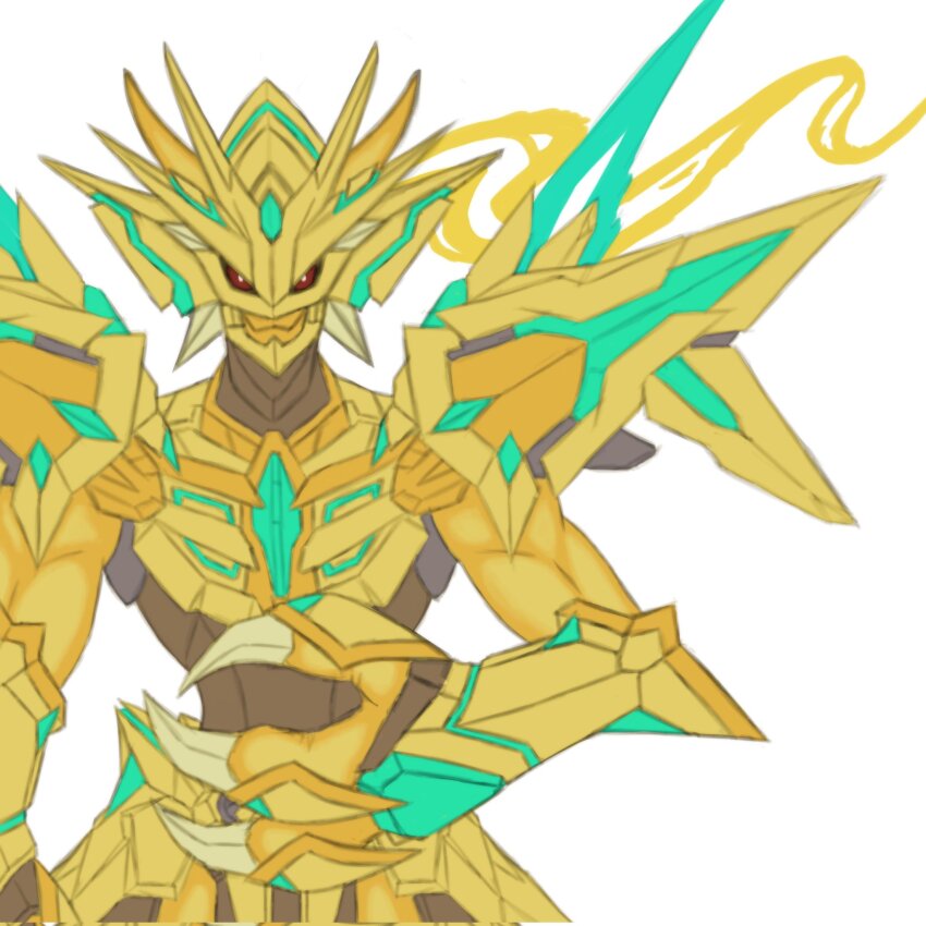 armor claws digimon digimon_(creature) highres looking_at_viewer magnamon magnamon_x-antibody magnamon_x-antibody_gold_digizoid_mode red_eyes simple_background solo white_background