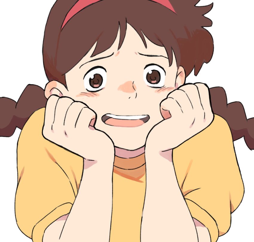 1girl braid brown_eyes brown_hair gan2 hairband hands_up highres long_hair open_mouth red_hairband sheeta short_sleeves simple_background solo teeth tenkuu_no_shiro_laputa twin_braids upper_body upper_teeth_only white_background