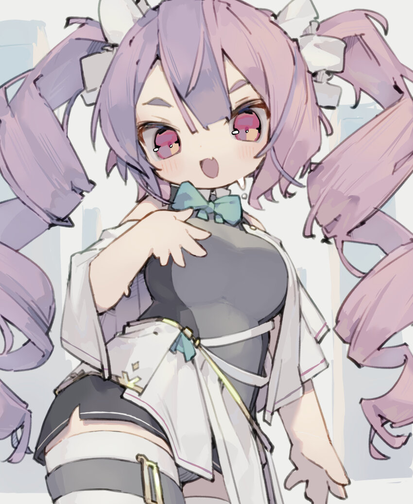 1girl absurdres aqua_bow aqua_bowtie black_dress bow bowtie breasts capelet commentary cowboy_shot dated_commentary dress drill_hair fang hand_on_own_chest highres large_breasts long_hair looking_at_viewer nep_(nep_76) open_mouth original pink_hair red_eyes short_dress skin_fang smile solo sweat symbol-only_commentary thighhighs tsurime twin_drills v-shaped_eyebrows white_capelet white_thighhighs