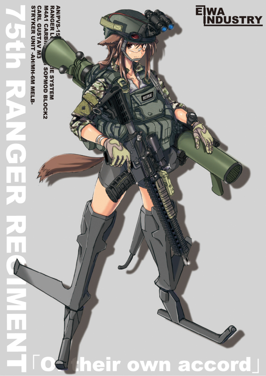 1girl assault_rifle brown_hair carl_gustaf_recoilless_rifle collarbone female_focus gloves gun helmet highres load_bearing_vest m4_carbine mecha_musume night-vision_device original rifle rocket_launcher safety_glasses scope solo strike_witches tail tom_keith trigger_discipline weapon world_witches_series