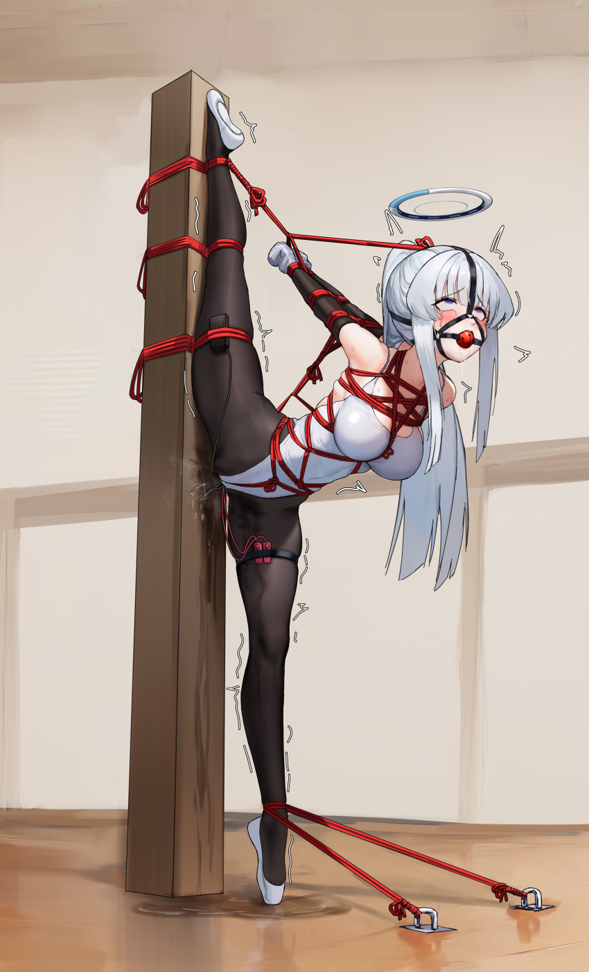 1girl absurdres ahegao armbinder arms_behind_back athletic_leotard ball_gag ballerina ballet_slippers bare_shoulders bdsm black_pantyhose blue_archive bondage bound bound_ankles bound_arms bound_legs breasts character_request crotch_rope crying crying_with_eyes_open drooling egg_vibrator female_ejaculation female_focus female_orgasm forced_orgasm full_body gag gag_harness gagged grey_hair halo high_heels highres kumachi_(aikawaakeya) large_breasts leotard long_hair looking_up neglect_play orgasm pantyhose ponytail purple_eyes pussy_juice pussy_juice_puddle pussy_juice_stain pussy_juice_trail red_rope restrained rope saliva saliva_trail sex_toy shibari shibari_over_clothes skindentation solo split spread_legs standing standing_on_one_leg standing_split sweat tape taped_hands tears thigh_strap tiptoes very_long_hair vibrator vibrator_in_thigh_strap wiffle_gag