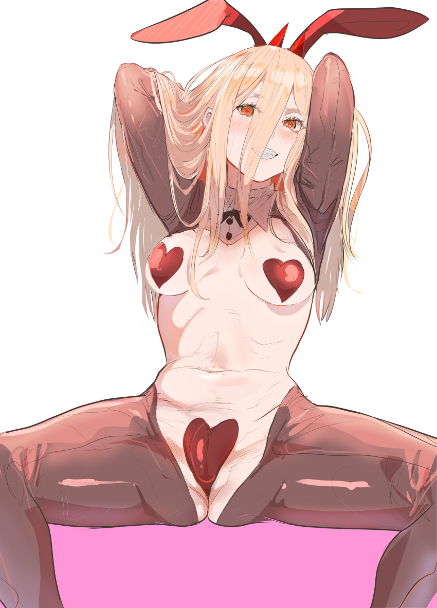 1girl absurdres animal_ears arms_behind_head arms_up blonde_hair blush breasts chainsaw_man cross-shaped_pupils demon_horns eyes_visible_through_hair frontless_outfit grin hair_between_eyes heart_maebari heart_pasties heco_inu highres hiphighs horns latex latex_legwear long_hair_between_eyes looking_at_viewer maebari medium_breasts necktie pasties power_(chainsaw_man) rabbit_ears red_hiphighs red_horns revealing_clothes reverse_bunnysuit reverse_outfit ringed_eyes sharp_teeth simple_background smile solo spread_legs symbol-shaped_pupils teeth