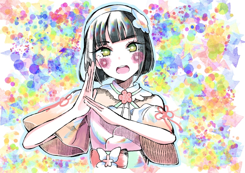 1girl :d absurdres aoku_haruka/flower black_hair blue_outline blunt_bangs blunt_ends blush bob_cut colorful_background commentary criss-cross_halter dancing dress gradient_clothes gradient_dress green_eyes hairband haji_wa_jinsei_no_kakisute halter_dress halterneck highres link!_like!_love_live! looking_at_viewer love_live! momose_ginko off-shoulder_dress off_shoulder official_alternate_costume open_mouth orange_dress outline short_hair short_sleeves smile solo tantan_(tan_barin_) virtual_youtuber white_hairband