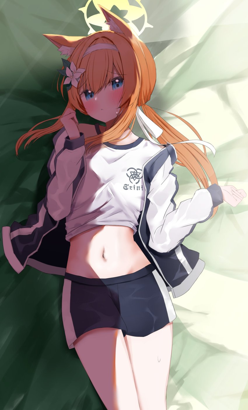 1girl absurdres animal_ear_fluff animal_ears ashinagi_(bijutu1) bad_id bad_twitter_id black_shorts blue_archive blue_eyes blush breasts clothes_lift feet_out_of_frame flower fox_ears groin hair_flower hair_ornament hairband halo highres jacket long_hair long_sleeves looking_at_viewer low_ponytail lying mari_(blue_archive) mari_(track)_(blue_archive) navel on_back open_clothes open_jacket ponytail raised_eyebrows shirt shirt_lift shorts small_breasts solo sweatdrop white_shirt