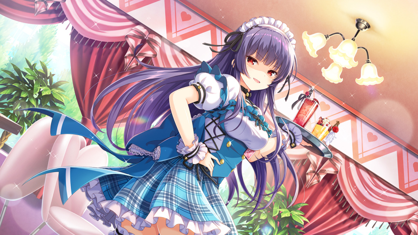 1girl blue_skirt bow brown_hair chair corset day girlfriend_(kari) grey_legwear indoors kagurazaka_saya leggings long_hair looking_at_viewer maid_headdress official_art open_mouth plaid_clothes plaid_skirt pleated_skirt purple_hair qp:flapper red_bow red_eyes restaurant shirt short_sleeves skirt smile standing tagme waitress white_shirt