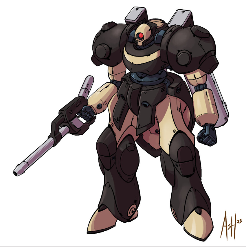 2023 alien ashbaharin choujikuu_yousai_macross clenched_hand commentary concept_art dated energy_gun english_commentary highres macross mecha mecha_focus no_humans official_style one-eyed original photoshop_(medium) red_eyes robot robotech science_fiction signature sketch solo thrusters weapon white_background zentradi