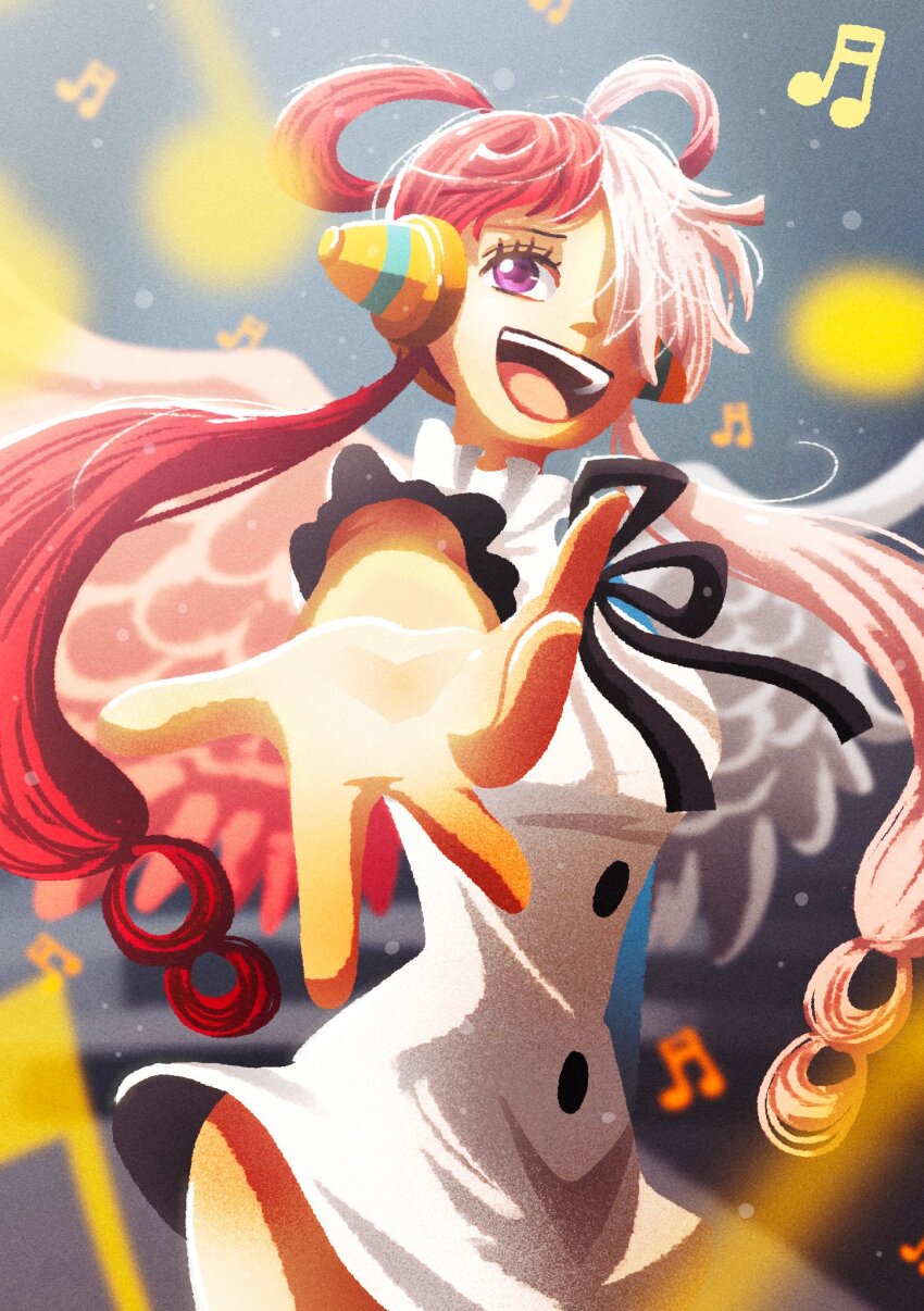 1girl blue_gloves commentary_request doccoi dress elbow_gloves eyelashes gloves headphones highres musical_note neck_ribbon one_piece one_piece_film:_red open_mouth pink_wings purple_eyes red_hair ribbon single_elbow_glove sleeveless smile solo teeth upper_teeth_only uta_(one_piece) white_dress white_hair white_wings wings