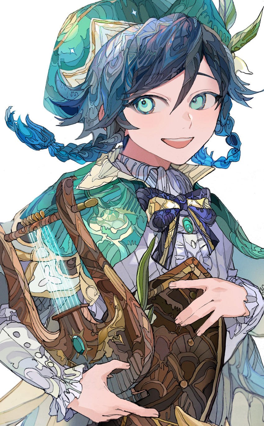 1boy absurdres androgynous bard braid cape collared_cape genshin_impact gradient_hair green_cape green_eyes green_hat hat highres instrument long_sleeves lossy-lossless lyre male_focus md5_mismatch multicolored_hair open_mouth short_hair_with_long_locks smile twin_braids venti_(genshin_impact) vision_(genshin_impact) yadu_nadu