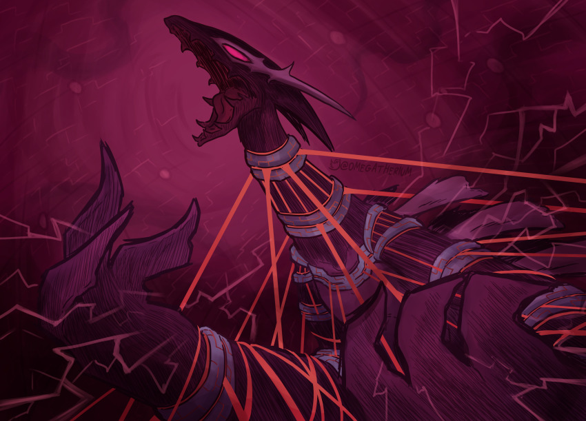absurdres collar cuffs gen_2_pokemon highres legendary_pokemon lugia manhunter4art nintendo no_humans pokemon pokemon_xd red_eyes restrained roaring shackles shadow_lugia sharp_teeth teeth