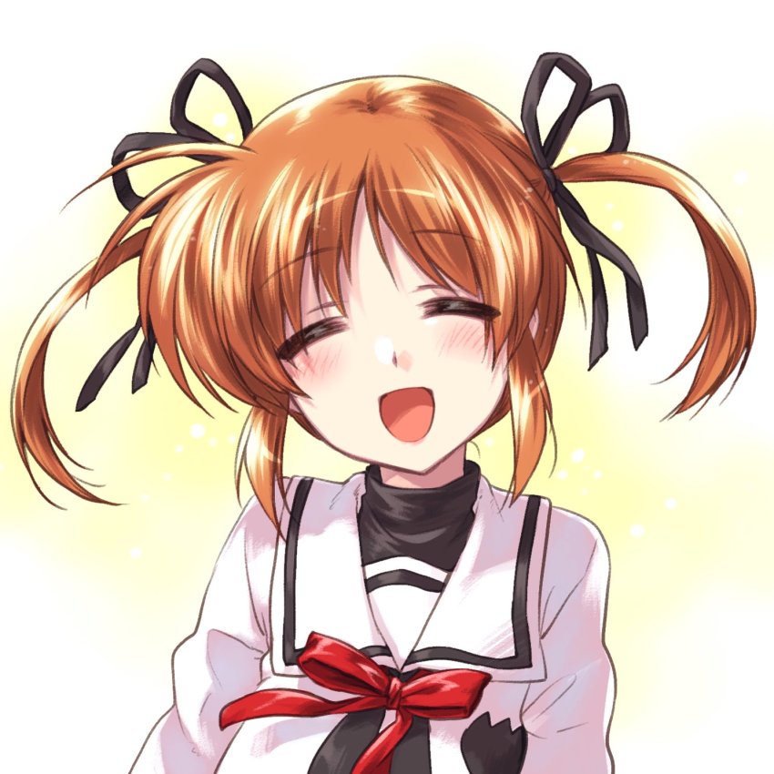 1girl :d black_ribbon black_shirt brown_hair closed_eyes commentary dress facing_viewer female_focus hair_ribbon highres kuroi_mimei long_sleeves lyrical_nanoha mahou_shoujo_lyrical_nanoha neck_ribbon open_mouth portrait red_ribbon ribbon sailor_dress school_uniform seishou_elementary_school_uniform shirt short_hair smile solo takamachi_nanoha twintails white_dress
