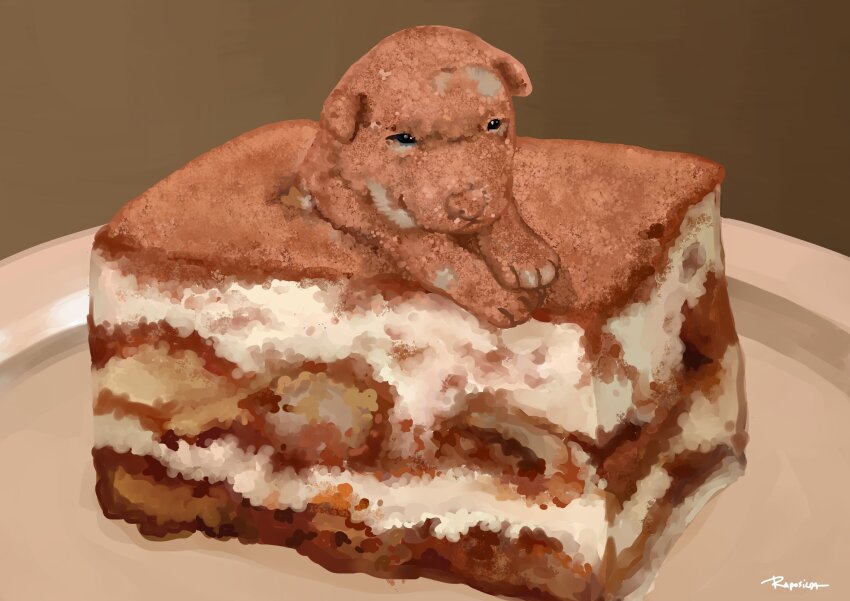 animal animal_focus brown_background commentary dessert dog doggo_revolution english_commentary food highres in_food no_humans original photo-referenced plate puppy tiramisu