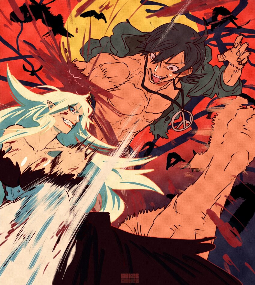 1boy 1girl amputee araragi_koyomi armless_amputee battle battle_damage black_hair blonde_hair blood highres jacket kiss-shot_acerola-orion_heart-under-blade long_hair monogatari_(series) oshino_shinobu taku_(aywakutakuay) toned toned_male topless_male vampire