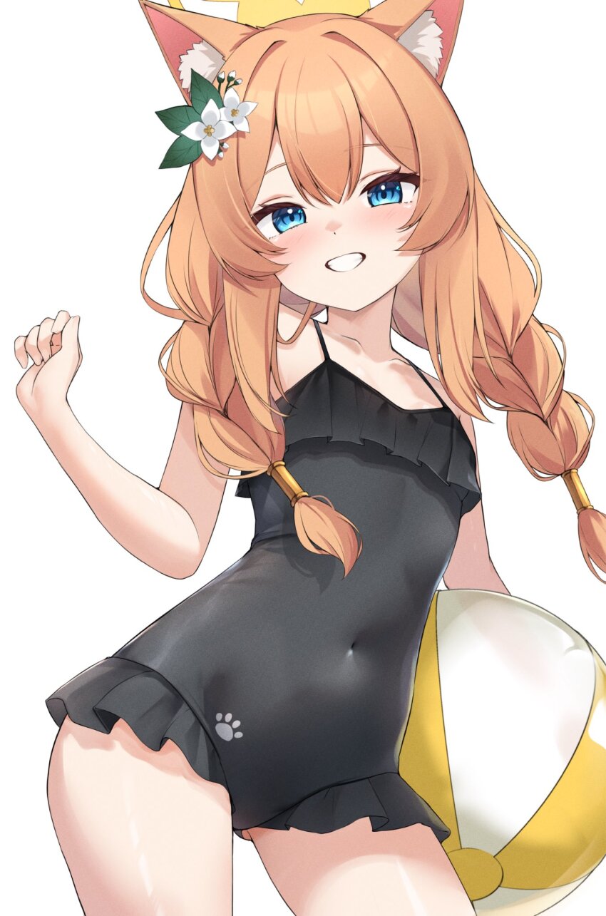 1girl animal_ear_fluff ball beachball black_one-piece_swimsuit blue_archive braid casual_one-piece_swimsuit flower frilled_one-piece_swimsuit frills hair_flower hair_ornament halo highres holding holding_ball loli looking_at_viewer low_twin_braids mari_(blue_archive) mari_(swimsuit)_(blue_archive) official_alternate_costume one-piece_swimsuit orange_hair paw_print smile solo swimsuit twin_braids white_background white_flower yellow_halo zarashi