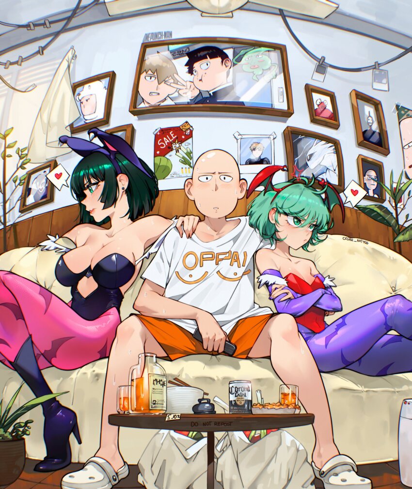 1boy 2girls animal_print bald bare_shoulders bat_print boots breasts cesar_art456 cleavage clothing_cutout cosplay creator_connection darkstalkers ekubo_(mob_psycho_100) fubuki_(one-punch_man) genos girl_sandwich green_eyes green_hair hair_between_eyes head_wings heart heart_cutout high_heel_boots high_heels highres kageyama_shigeo lilith_(darkstalkers) lilith_(darkstalkers)_(cosplay) looking_at_viewer matching_hair/eyes mob_psycho_100 morrigan_aensland morrigan_aensland_(cosplay) multiple_girls one-punch_man pantyhose photo_(object) picture_frame print_pantyhose purple_pantyhose reigen_arataka saitama_(one-punch_man) sandwiched shorts siblings sisters sitting spoken_heart tatsumaki wings