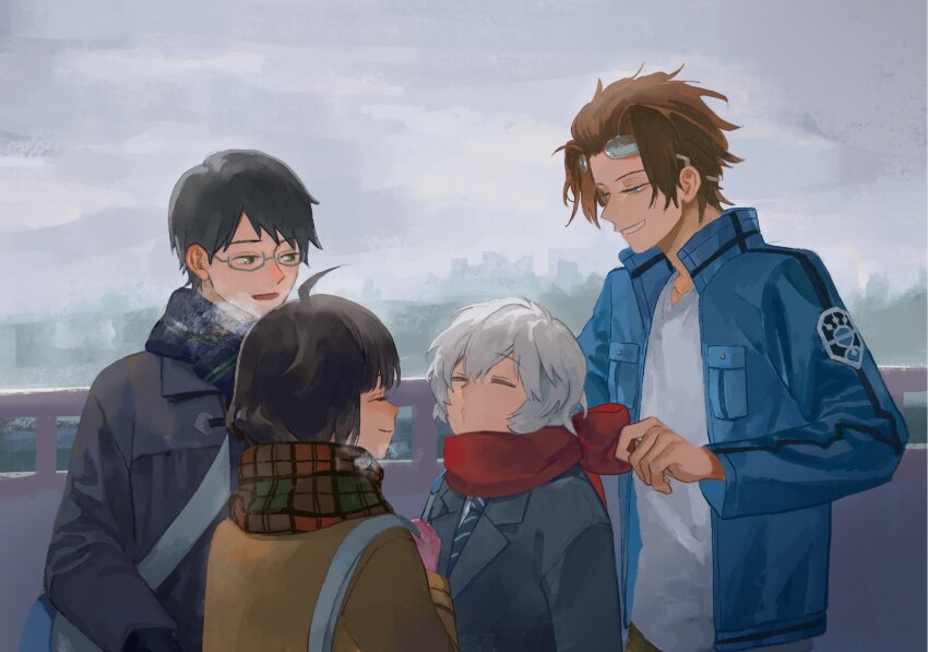 1girl 3boys adjusting_scarf amatori_chika bag black_hair blazer blue_eyes blue_jacket blue_necktie breath brown_coat brown_hair coat day dressing_another eternalpillow04 glasses gloves goggles goggles_on_head green_eyes grey_coat half-closed_eyes happy highres jacket jin_yuuichi kuga_yuuma laughing long_sleeves mikumo_osamu multiple_boys necktie outdoors overcast pink_gloves puckered_lips railing red_scarf scarf school_uniform shirt shoulder_bag sideways_glance sky smile tying upper_body white_hair white_shirt winter_clothes world_trigger