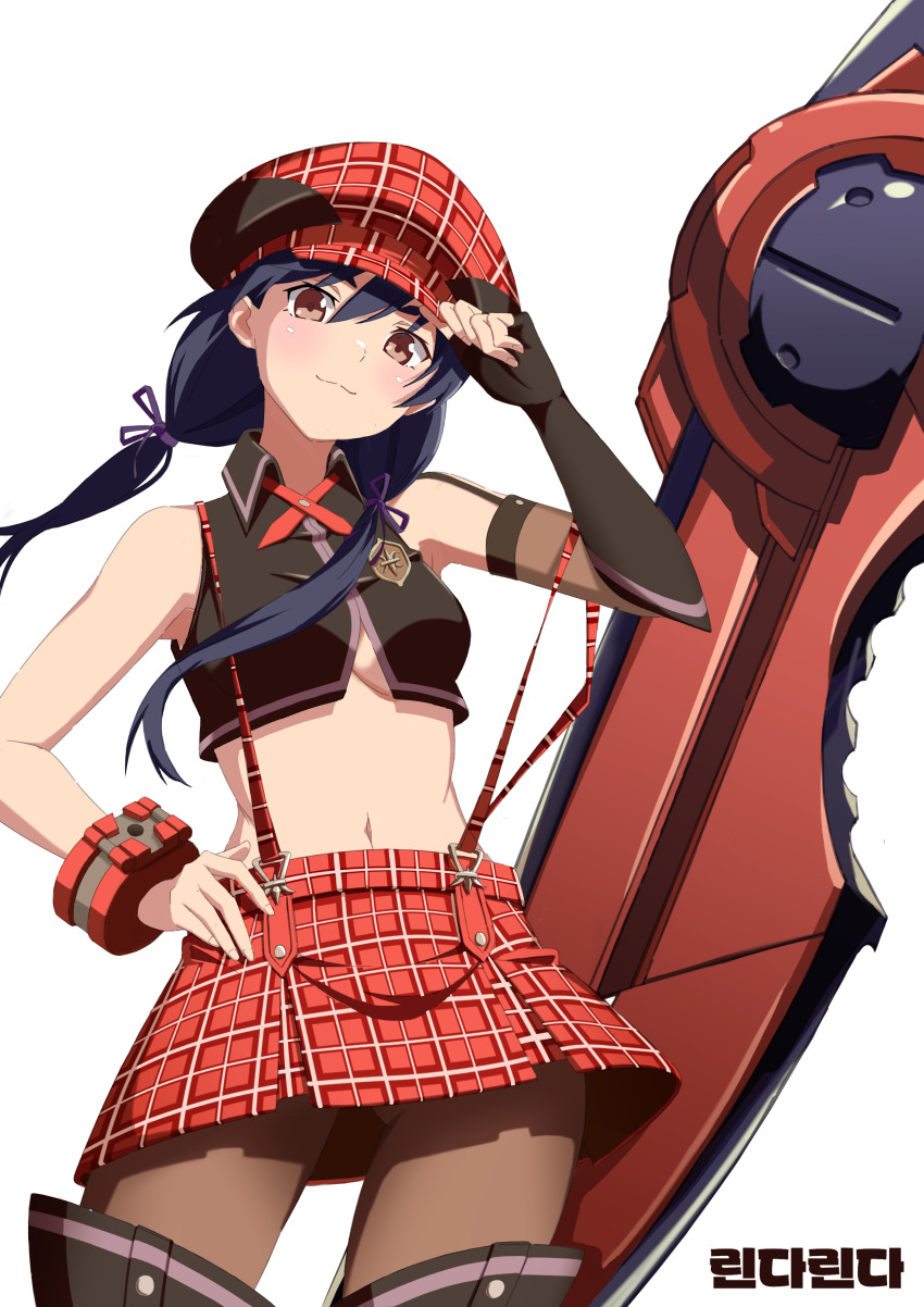 1girl :3 absurdres alisa_ilinichina_amiella alisa_ilinichina_amiella_(cosplay) alternate_hair_length alternate_hairstyle armpits bakemonogatari bare_shoulders black_gloves black_hair black_shirt bracelet breasts brown_eyes brown_pantyhose closed_mouth collared_shirt commentary_request commission cosplay cowboy_shot crop_top fingerless_gloves gloves gluteal_fold god_eater hand_on_headwear hand_on_own_hip hand_up hat highres jewelry kanbaru_suruga long_hair looking_at_viewer low_twintails medium_breasts midriff miniskirt monogatari_(series) navel newsboy_cap pantyhose plaid_clothes plaid_hat plaid_skirt pleated_skirt red_hat red_skirt shirt simple_background single_glove skirt sleeveless sleeveless_shirt smile solo stomach suspender_skirt suspenders sword twintails underboob vneckstore weapon white_background