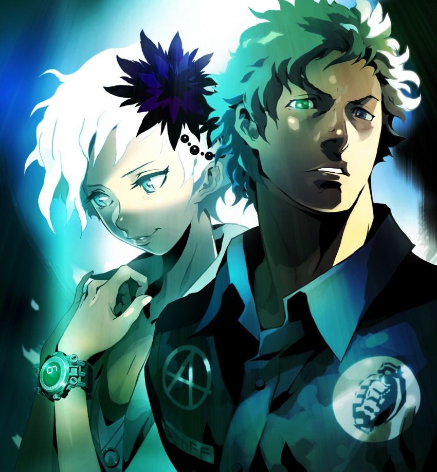 1boy 1girl anarchy_symbol black_dahlia black_flower blue_eyes blue_jacket bracelet explosive flower green_eyes green_hair grenade hair_flower hair_ornament highres jacket jewelry key_visual kyokugen_dasshutsu kyokugen_dasshutsu_adv:_zennin_shibou_desu nishimura_kinu official_art phi_(kyokugen_dasshutsu) promotional_art short_hair sigma_(kyokugen_dasshutsu) smile third-party_source very_short_hair white_hair