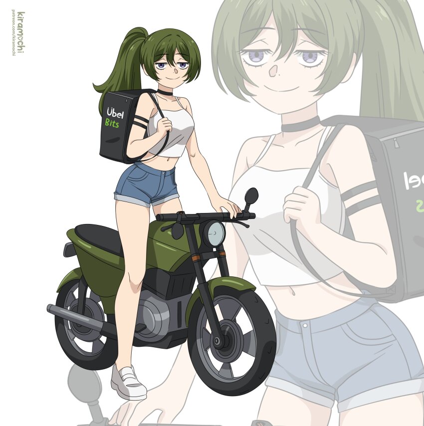 1girl absurdres green_eyes highres kiramochi motor_vehicle motorcycle purple_eyes shirt short_hair simple_background sousou_no_frieren ubel_(sousou_no_frieren) uber_eats white_shirt