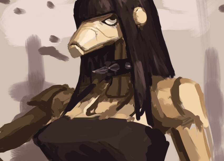 1girl b1_battle_droid beth_(redustheriotact) black_hair black_shirt blunt_bangs collar droid highres long_hair original redustheriotact shirt solo spiked_collar spikes star_wars